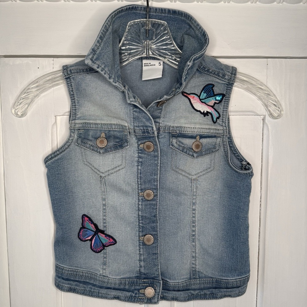 Sonoma Girls Size 5 Sleeveless Denim Blue Jean Jacket Butterfly Hummingbird Cute